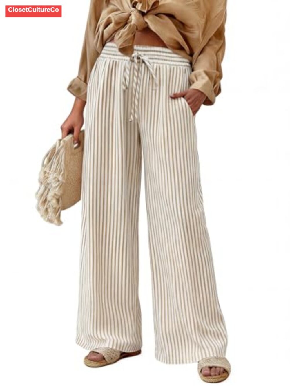 Womens Striped Wide Leg Palazzo Pants High Waisted Elastic Casual